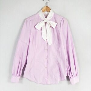 Leon Max Shirt Blouse Women Medium Purple Tie Bow Button Up Long Sleeve Cotton